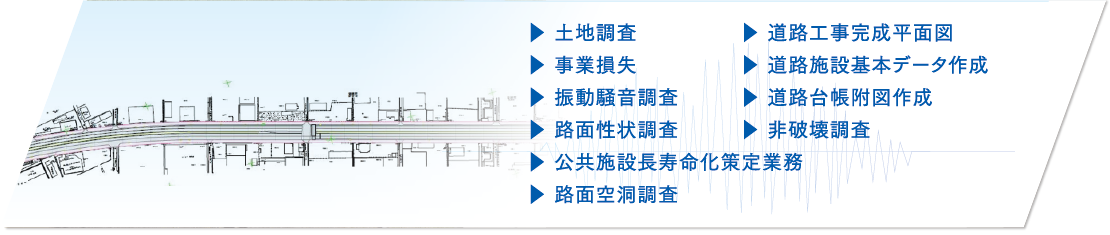 基準点測量、地形測量、UAV写真測量、UAVレーザー測量、地上レーザー測量、路線測量、河川測量、用地測量、工事測量